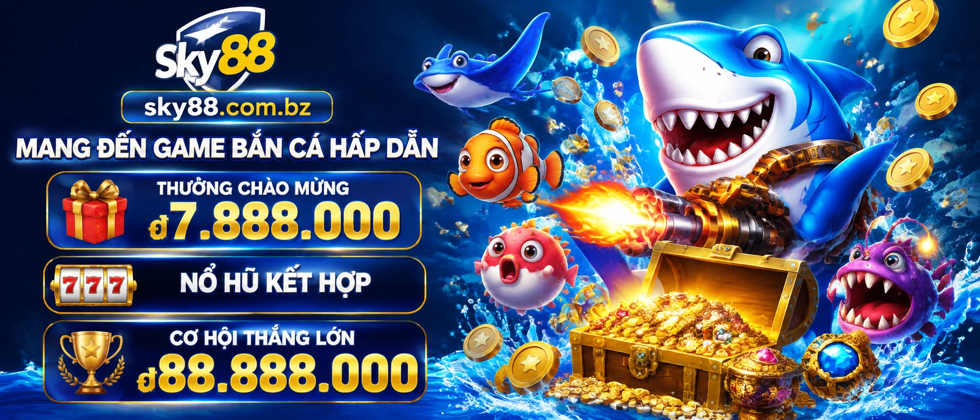 Liên hệ Sky88: Hỗ trợ casino, nổ hũ, bắn cá 5 sky88 fish banner 2
