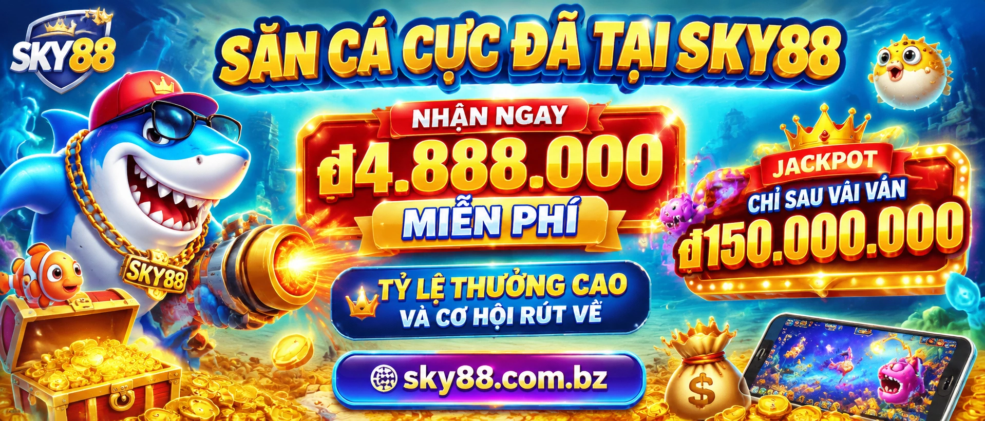 Liên hệ Sky88: Hỗ trợ casino, nổ hũ, bắn cá 4 sky88 fish banner 3